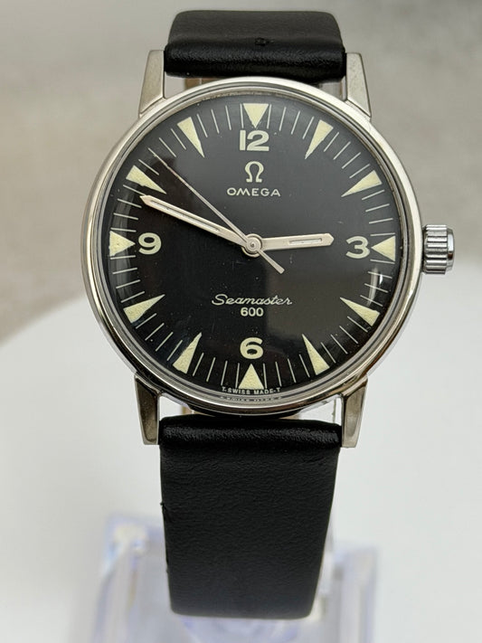 W020 Omega custom-repainted black dial watch – original front photo