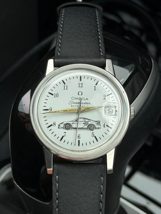 Omega Seamaster White Dial Watch with Gold Hands and Black Strap with Car Motif