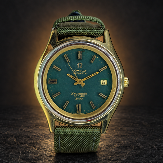 W014 OMEGA Seamaster Cosmic 2000 Automatic – Green Dial, Gold-Tone Case (Vintage) with AI-styled luxury background