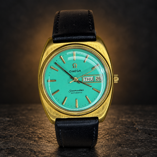 W017 OMEGA Seamaster Automatic Day-Date – Turquoise Dial, Gold-Tone Cushion Case with AI-styled luxury background