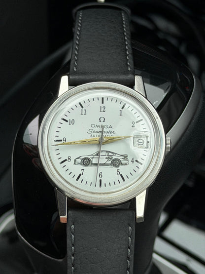 Omega Seamaster White Dial Watch with Gold Hands and Black Strap with Car Motif