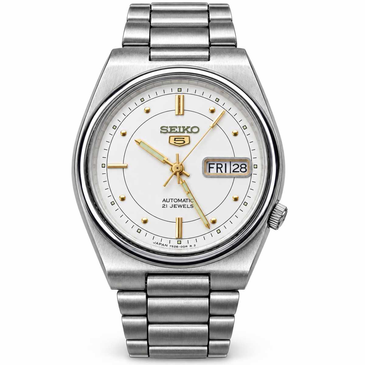 SK09 Seiko 5 — styled upright front view on white background