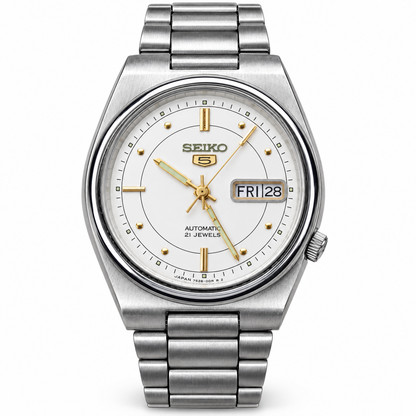 SK09 Seiko 5 — styled upright front view on white background