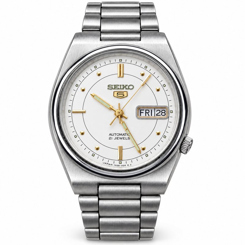 SK09 Seiko 5 — styled upright front view on white background