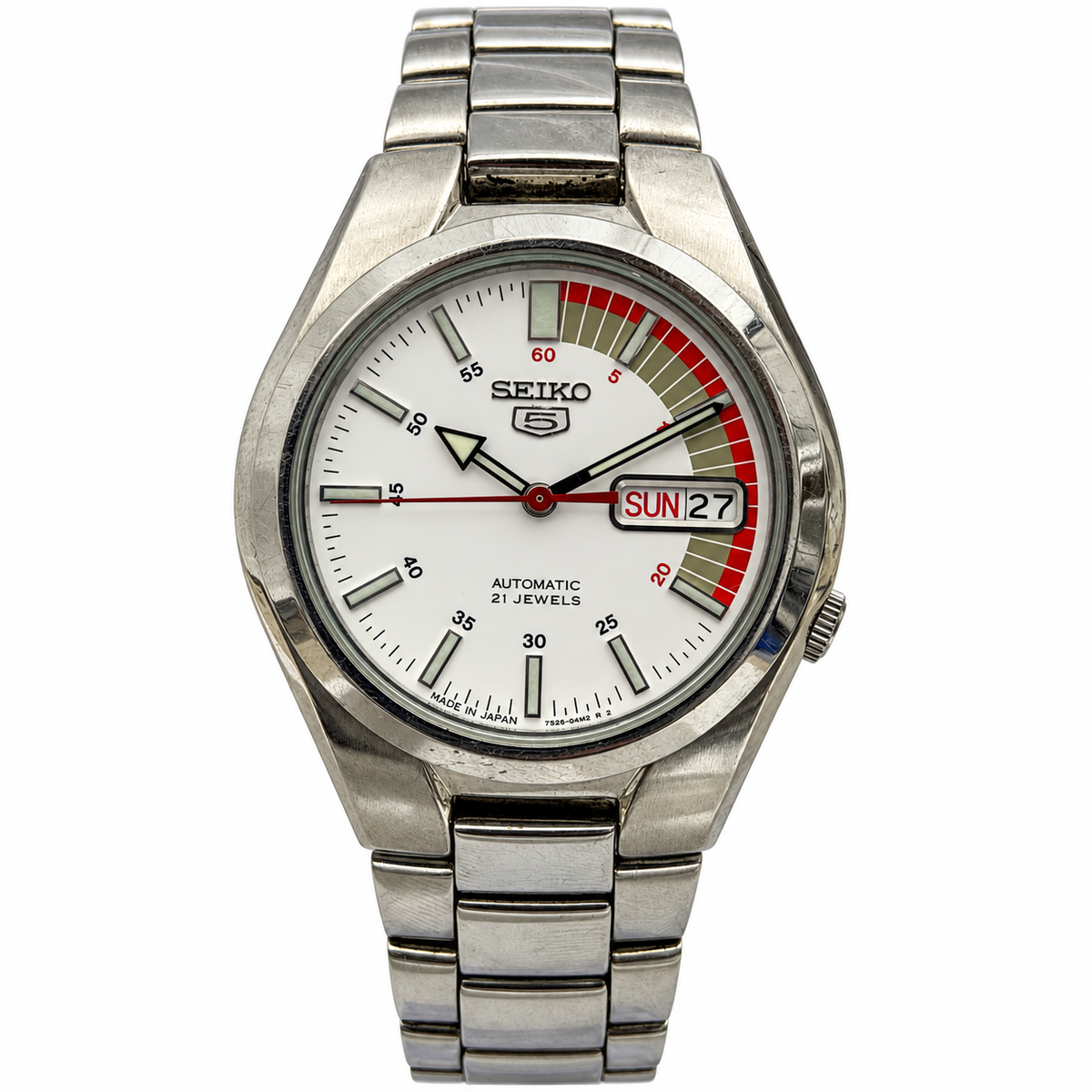 Seiko 5 white and red dial main photograph