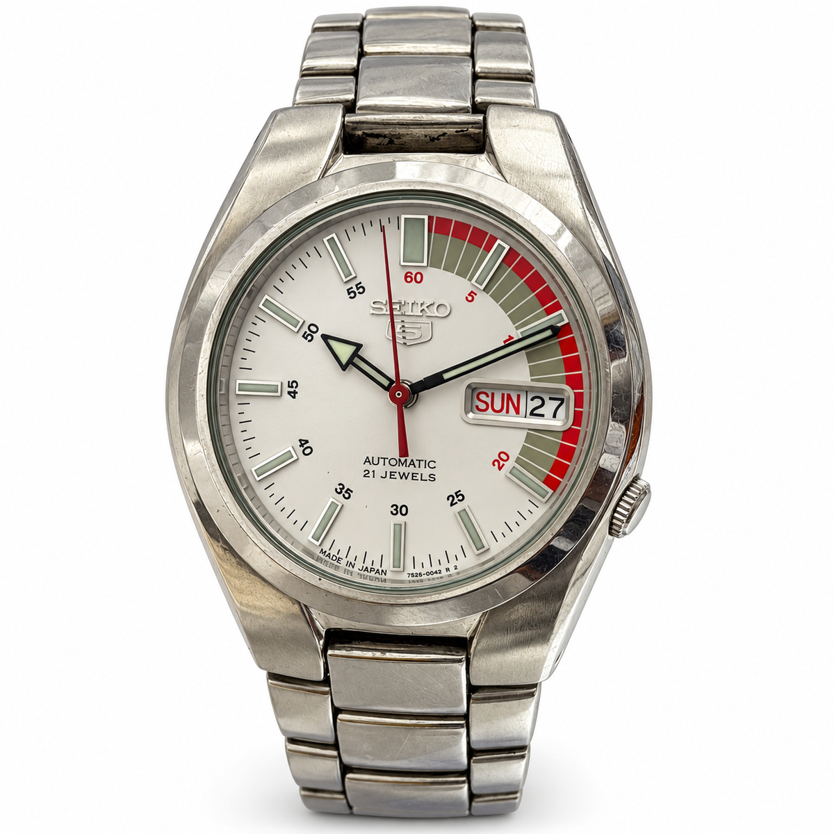 Seiko 5 Automatic silver dial with red accents – W0088