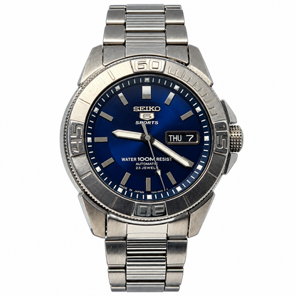 Seiko 5 Sports blue dial automatic watch on white background