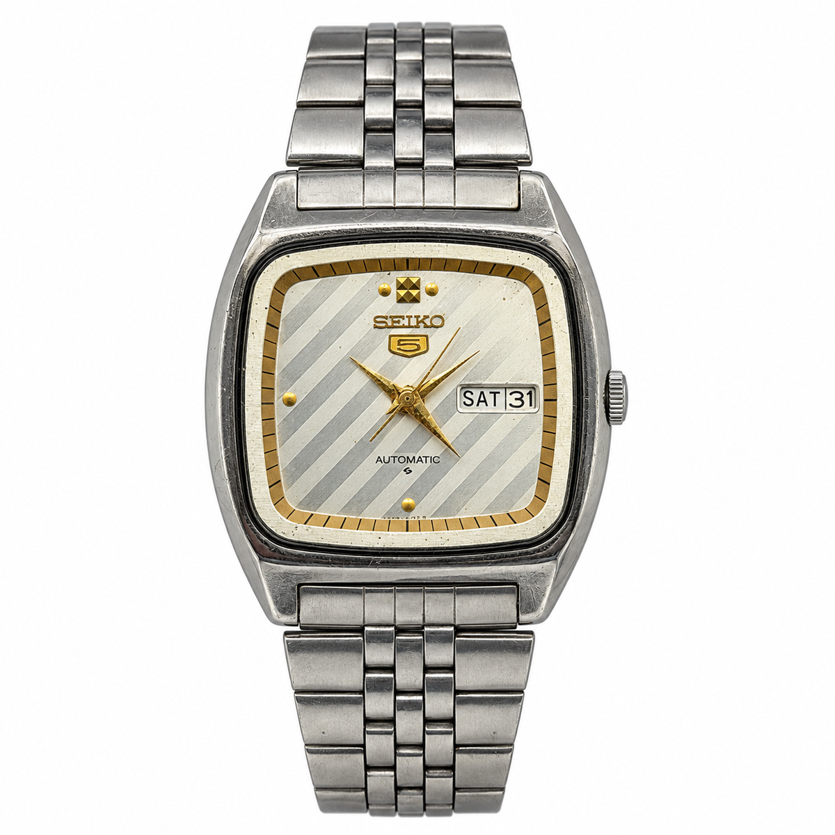 Vintage Seiko 5 silver striped dial rectangular watch on white