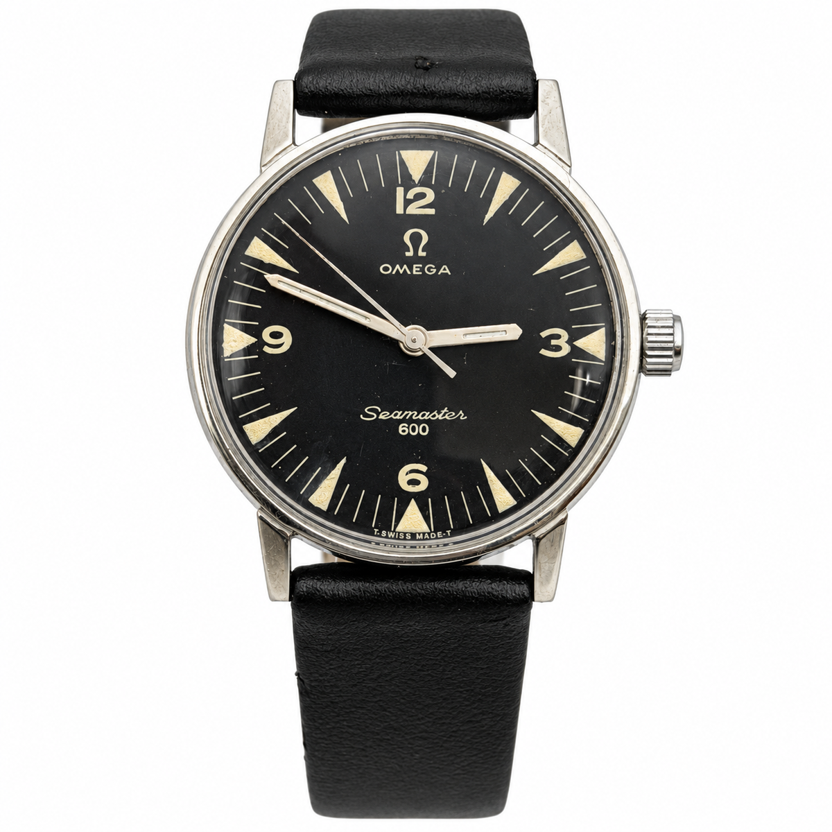 W020 Omega 34mm custom-repainted black dial with new Hirsch strap – white background