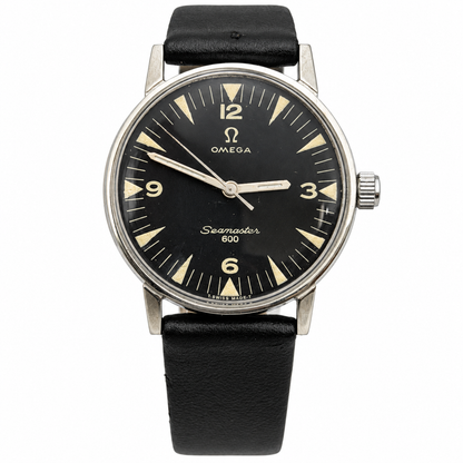 W020 Omega 34mm custom-repainted black dial with new Hirsch strap – white background