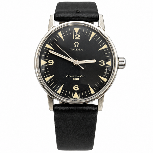 W020 Omega 34mm custom-repainted black dial with new Hirsch strap – white background