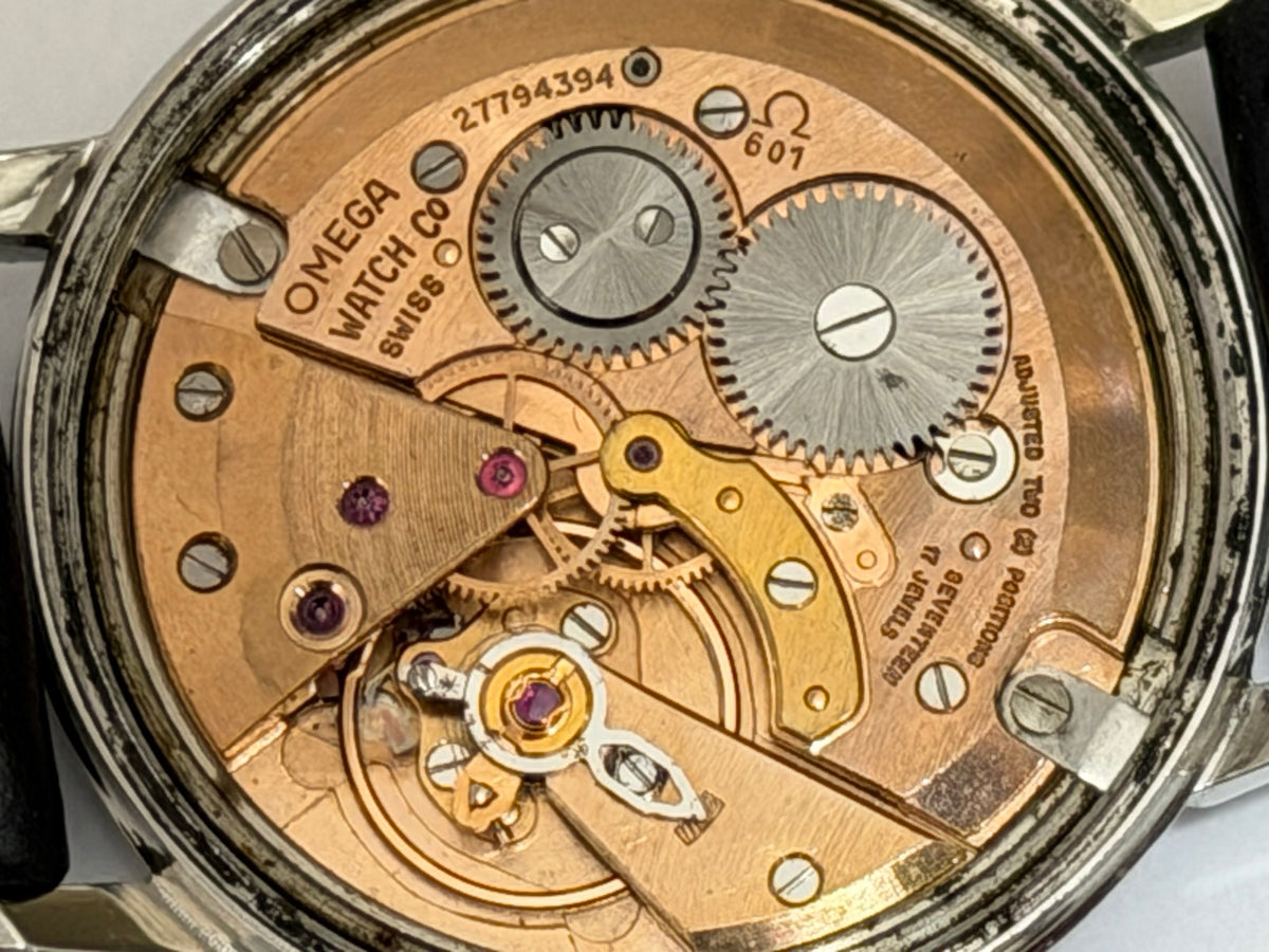 W020 Omega custom-repainted black dial watch – original calibre 601 movement photo