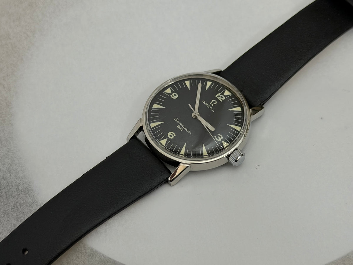W020 Omega custom-repainted black dial watch – original full strap photo