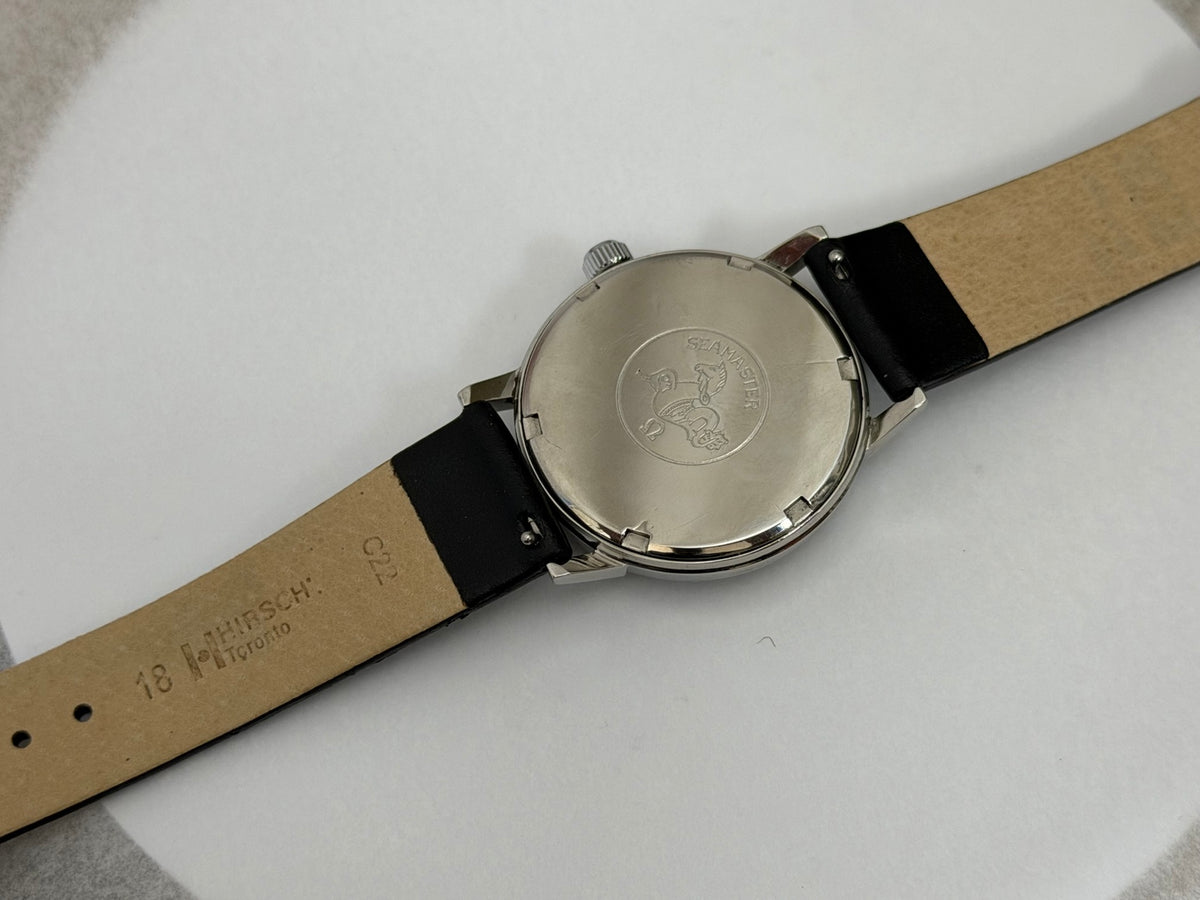 W020 Omega custom-repainted black dial watch – original hirsch strap back photo