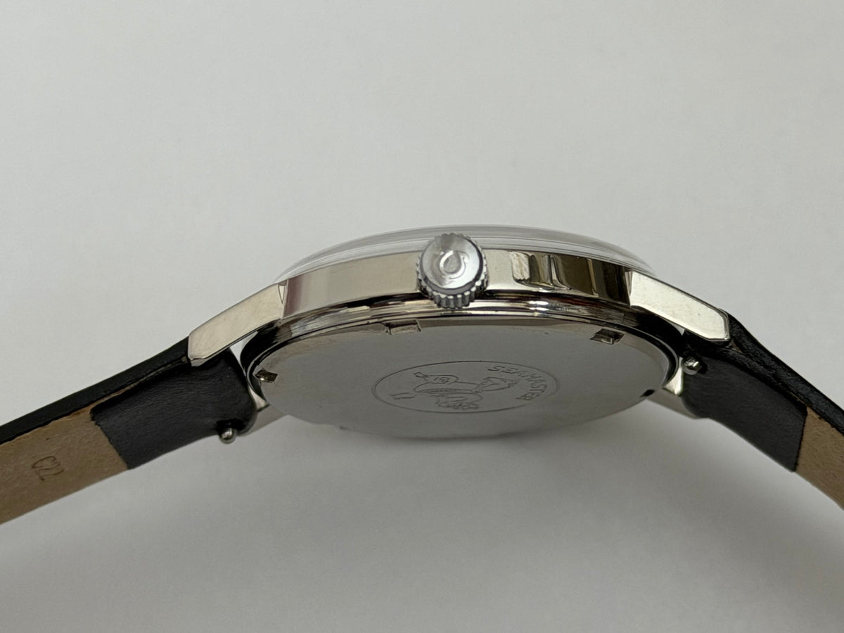 W020 Omega custom-repainted black dial watch – original side profile photo