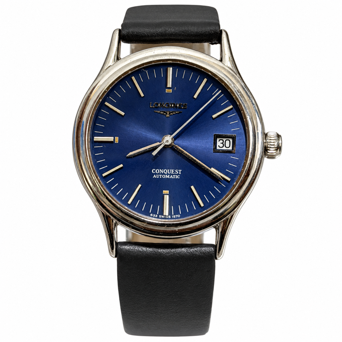 W029 Longines Conquest 35mm with new black Hirsch strap – front view on white