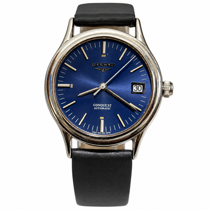 W029 Longines Conquest 35mm with new black Hirsch strap – front view on white