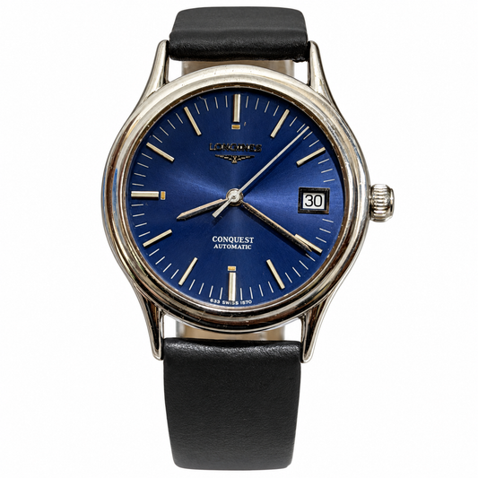 W029 Longines Conquest 35mm with new black Hirsch strap – front view on white