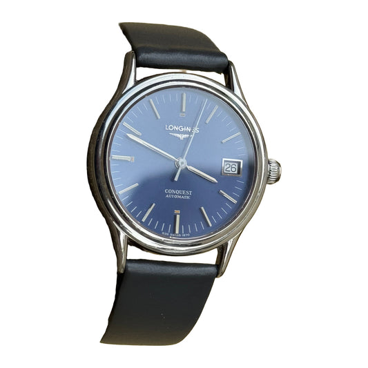 LONGINES Conquest – Blue Dial, Date, Automatic Watch (Vintage) — front product photograph on a white background