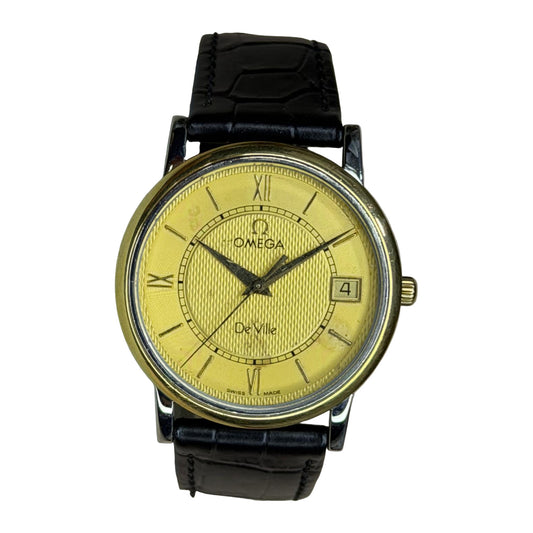 OMEGA De Ville – Gold Guilloché Dial, Date, Dress Watch (Vintage) on a white background