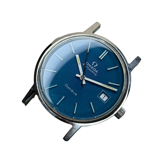 OMEGA Genève Automatic – Blue Sunburst Date Dial on a white background