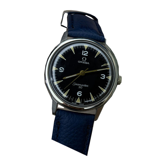 OMEGA Seamaster – Black Dial, Date, Vintage Watch on a white background