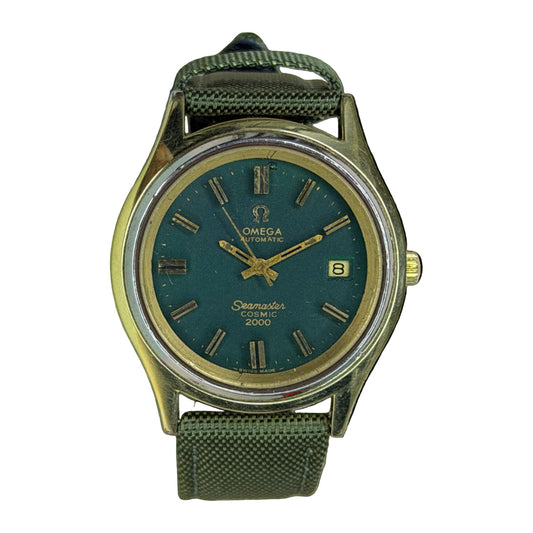 OMEGA Seamaster Cosmic 2000 Automatic – Green Dial, Gold-Tone Case (Vintage) on a white background