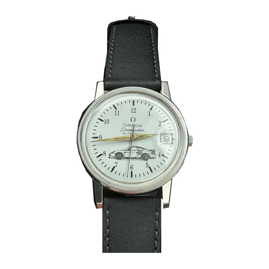 Omega Seamaster White Dial Watch with Gold Hands and Black Strap with Car Motif on a white background