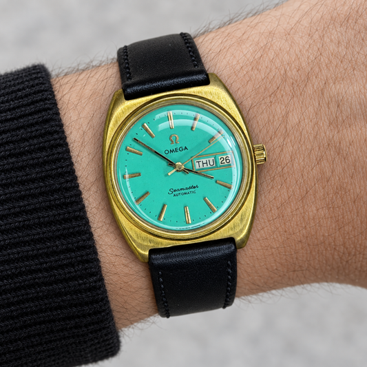 Omega Seamaster Day-Date — Custom Turquoise Dial — AI-styled wrist view