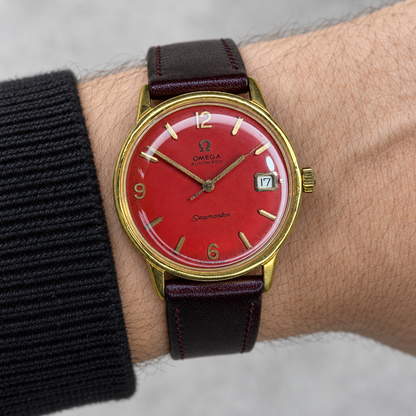 Omega Seamaster Automatic — Custom Red Dial — AI-styled wrist view