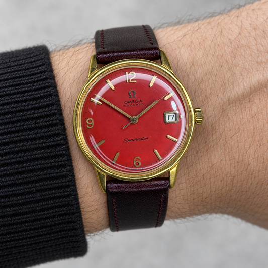 Omega Seamaster Automatic — Custom Red Dial — AI-styled wrist view