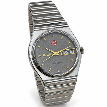 Rado Voyager textured grey dial and steel bracelet — edited background