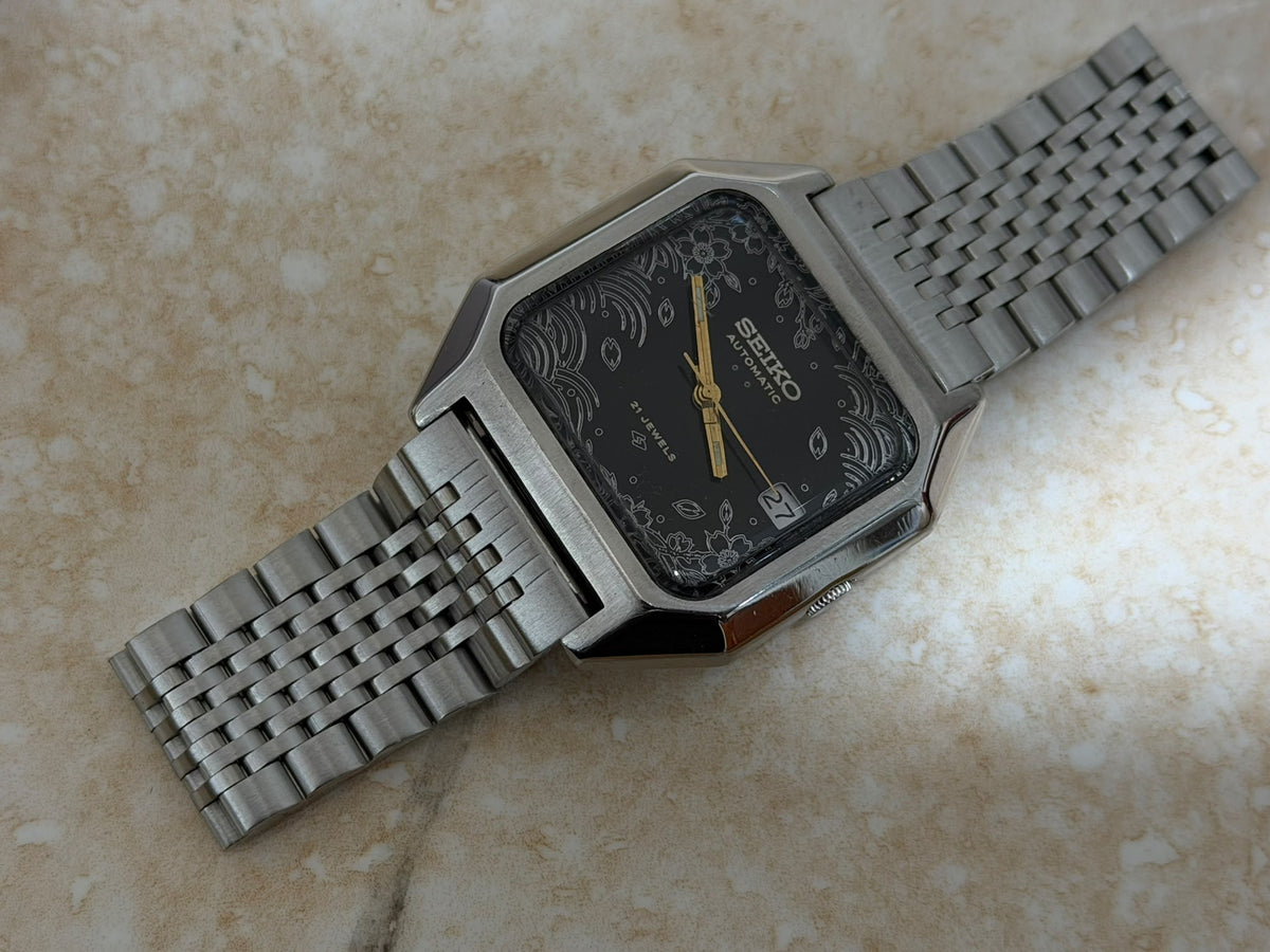Vintage Seiko Automatic Custom Watch Engraved Floral & Wave Motif Dial 21 Jewels Retro Octagon Case
