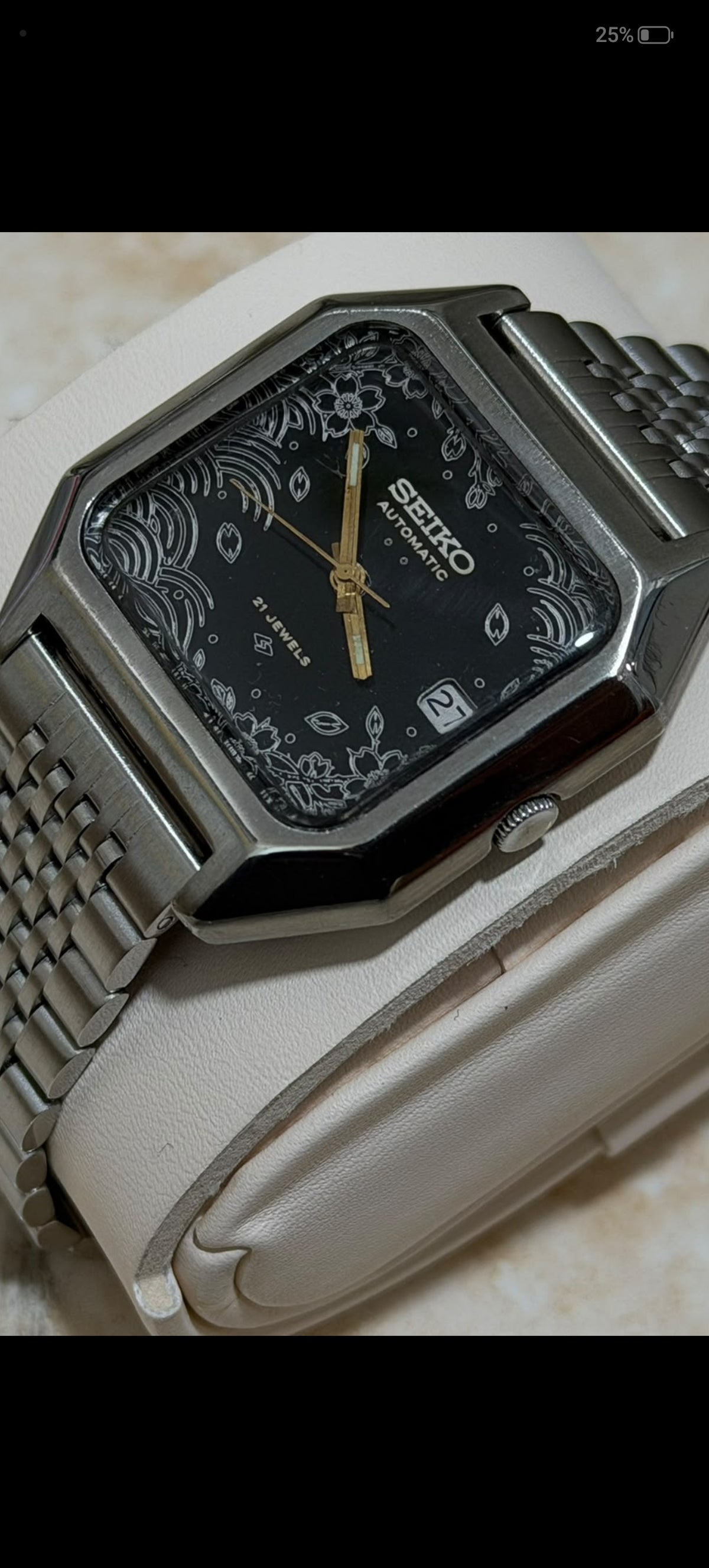 Vintage Seiko Automatic Custom Watch Engraved Floral & Wave Motif Dial 21 Jewels Retro Octagon Case