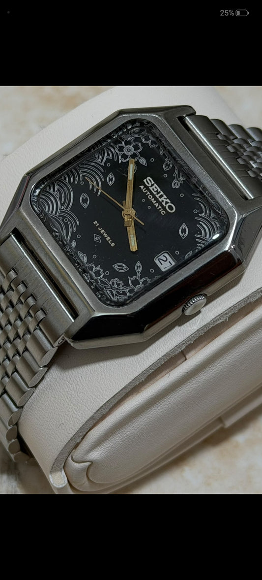 Vintage Seiko Automatic Custom Watch Engraved Floral & Wave Motif Dial 21 Jewels Retro Octagon Case