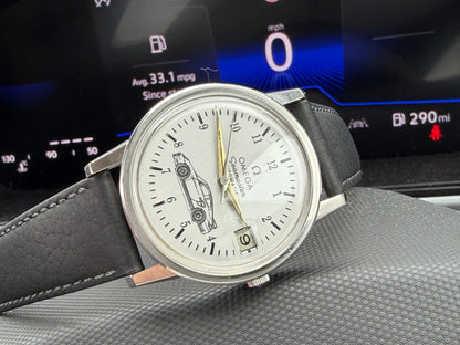 Omega Seamaster White Dial Watch with Gold Hands and Black Strap with Car Motif