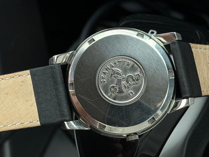 Omega Seamaster White Dial Watch with Gold Hands and Black Strap with Car Motif