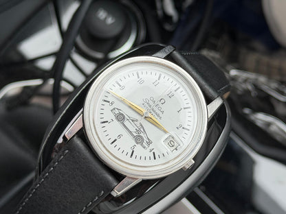 Omega Seamaster White Dial Watch with Gold Hands and Black Strap with Car Motif
