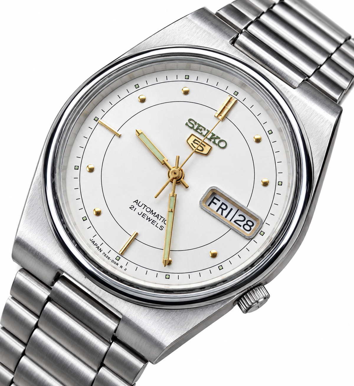 Seiko 5 Automatic Day-Date — White & Gold Dial | SK09