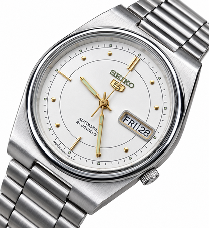 Seiko 5 Automatic Day-Date — White & Gold Dial | SK09
