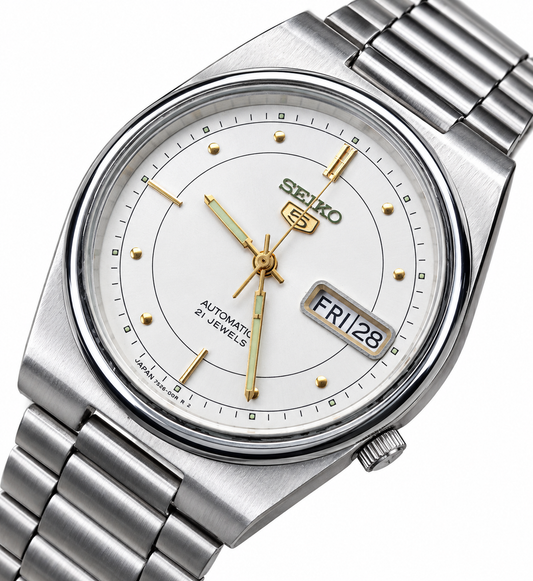 Seiko 5 Automatic Day-Date — White & Gold Dial | SK09
