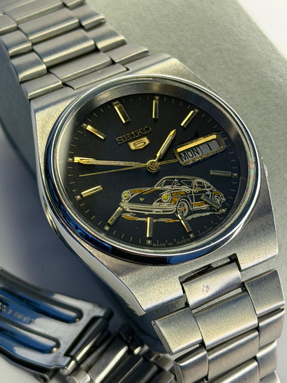 Seiko 5 automatic vintage engraved Porsche.