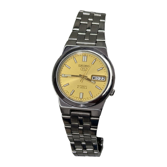 SEIKO 5 – Automatic, Gold Dial, Day-Date Watch (Vintage) — front product photograph on a white background