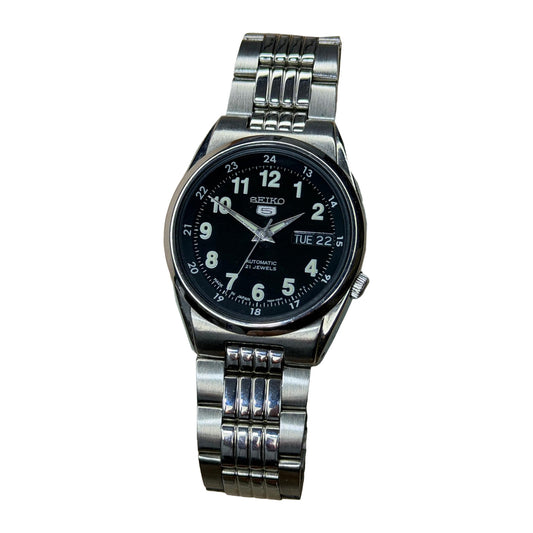 SEIKO 5 – Black Dial, Automatic, Day-Date Wristwatch (Vintage) on a white background