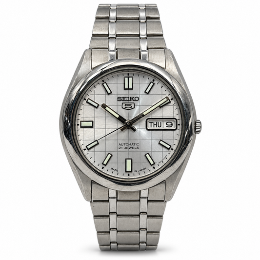 Seiko 5 silver grid dial — edited main photo on white background