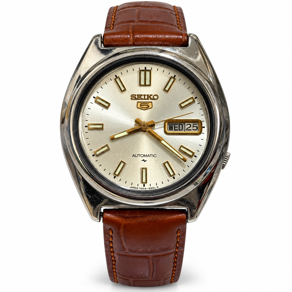Seiko 5 SK07 silver sunburst dial and brown leather strap, edited white background