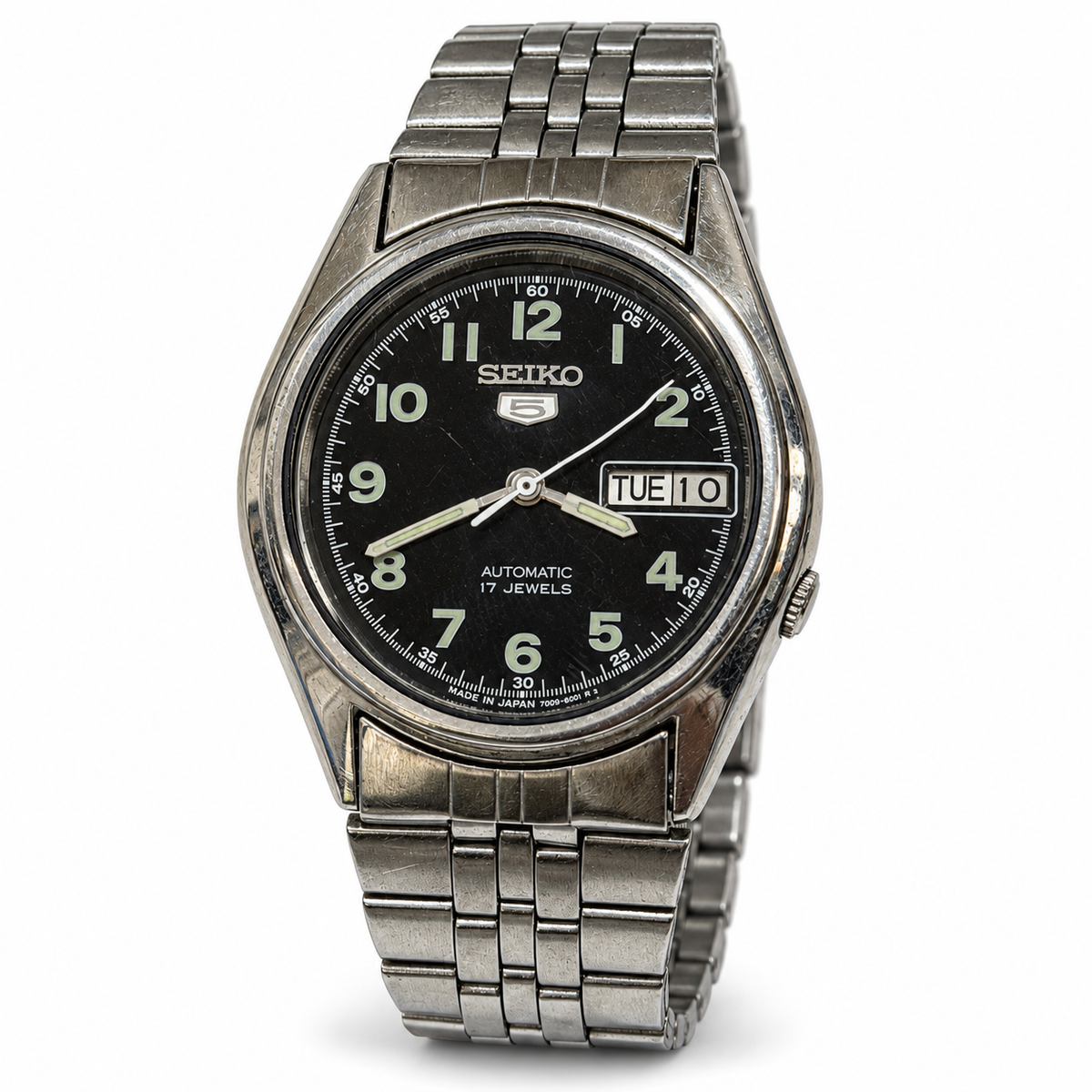 Seiko 5 black Arabic numeral dial automatic watch SK08 on white background