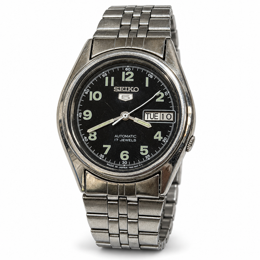 Seiko 5 black Arabic numeral dial automatic watch SK08 on white background