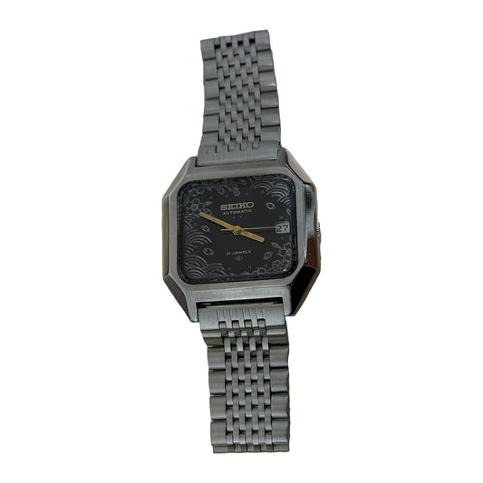 Vintage Seiko Automatic Custom Watch Engraved Floral & Wave Motif Dial 21 Jewels Retro Octagon Case — front product photograph on a white background
