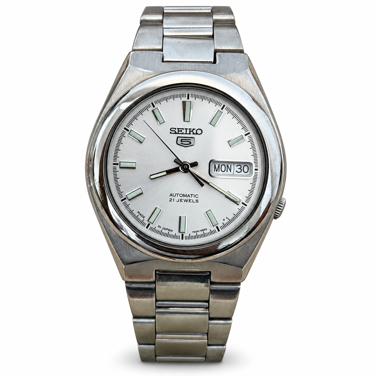 Seiko 5 silver dial automatic watch W0064 on white background
